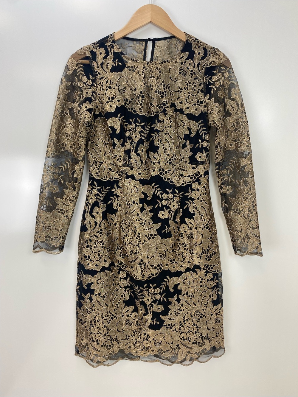 Nanette Lepore Black & Gold Lace Long-Sleeve Cocktail Dress